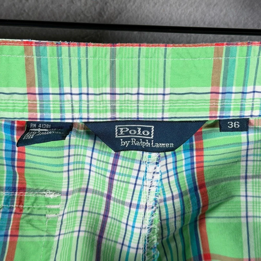 Vintage Polo Ralph Lauren Mens Green Plaid‎ Cargo Shorts Size 36 Drawstring